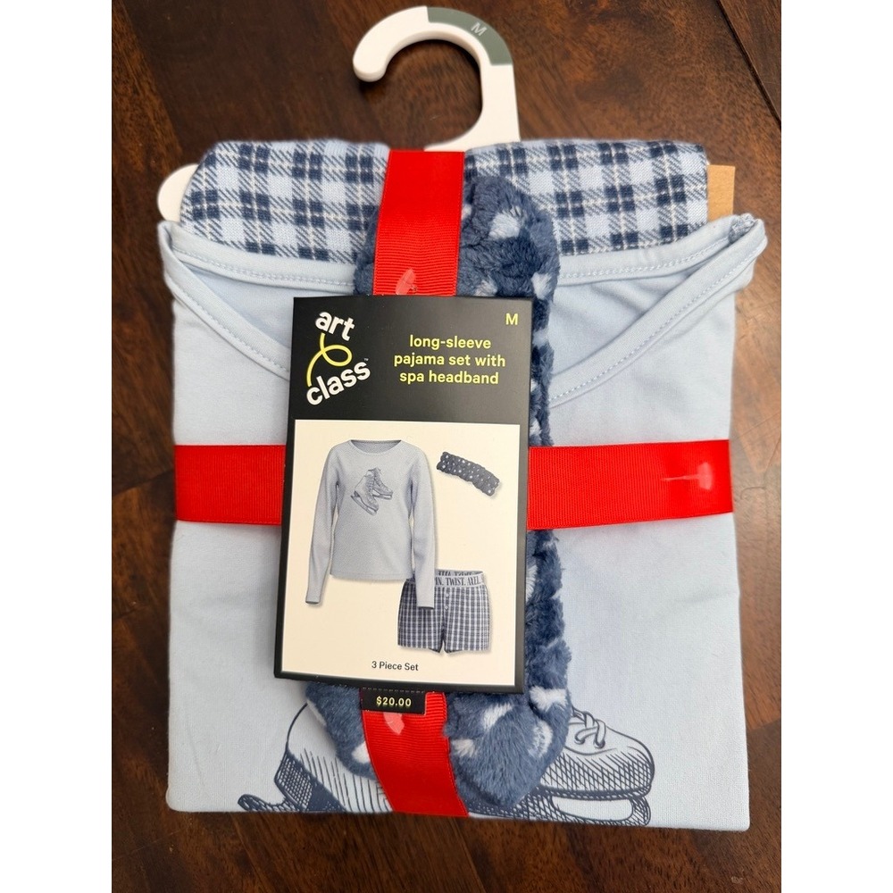Art Class Pajama Set Girls Medium Blue Ice Skate Plaid 3pc Headband NWT